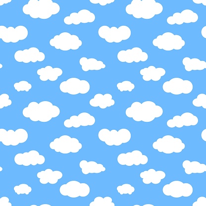 Light blue sky with white clouds. Seamless pattern of white clouds on blue background. Ornament in flat style for children's textile, wrapping, wallpaper, fabric