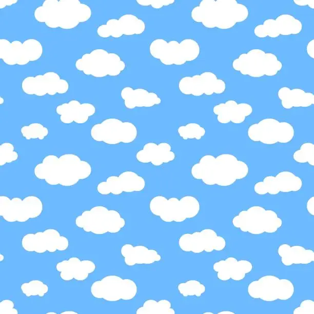 Vector illustration of Light blue sky with white clouds. Seamless pattern of white clouds on blue background. Ornament in flat style for children's textile, wrapping, wallpaper, fabric