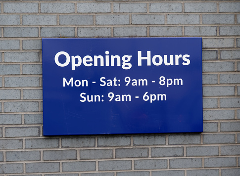 Business shop opening and closed times in hours and days uk