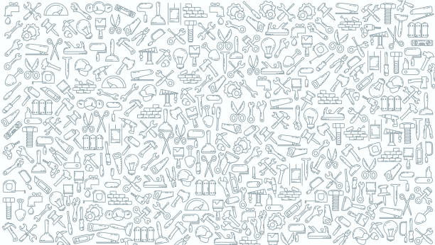 ilustraciones, imágenes clip art, dibujos animados e iconos de stock de herramientas de construcción icono de línea de garabatos fondo. - wrench spanner work tool backgrounds