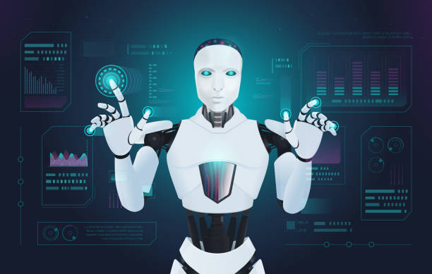 istock AI robot or cyborg reaches a hand to touch an air screen or holographic interface and press a button. 1501776533