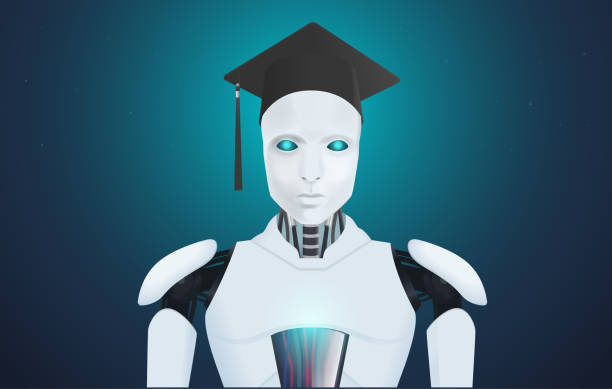 ilustrações de stock, clip art, desenhos animados e ícones de ai robot or cyborg with a graduation cap on the head. illustration about ai learning or artificial intelligence, machine learning like the smart student and achieve. - university graduation car student