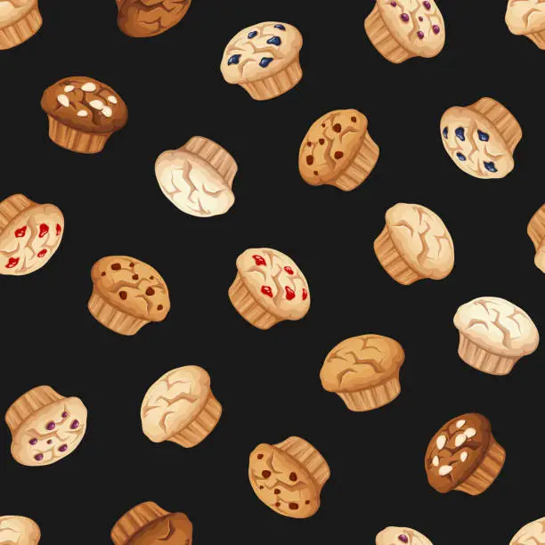 Vector illustration of Seamless pattern with muffins on black. Vector illustration