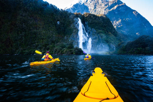 Enjoying the scenery of Milford Sound, New Zealand on kayaks.