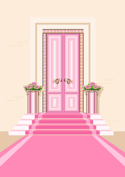 pink princess door Fairytale pink door of a beautiful princess. Door with jewels. Elements of fairy tale architecture. Princess castle interior. Cartoon style. Vector illustration. fairy door fairy tale antique stock illustrations