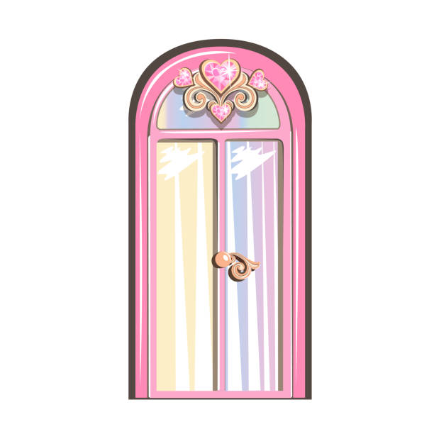 pink princess door Fairytale pink door of a beautiful princess. Door with jewels. Elements of fairy tale architecture. Princess castle interior. Cartoon style. Vector illustration. fairy door fairy tale antique stock illustrations