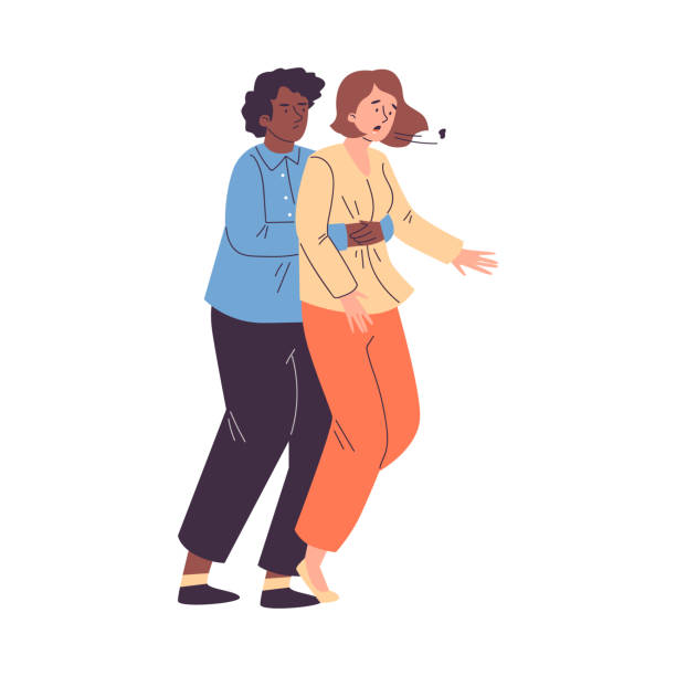 Heimlich maneuver or abdominal thrusts, flat vector illustration isolated on white background. Heimlich maneuver or abdominal thrusts, flat vector illustration isolated on white background. First aid procedure to remove foreign objects or persons airway obstruction. Woman choking. gagging stock illustrations