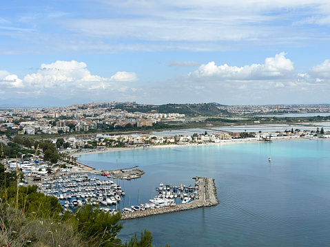 Panoramic aerial view of the city and sea on the summer day. Cagliari. Sardinia. Italy.