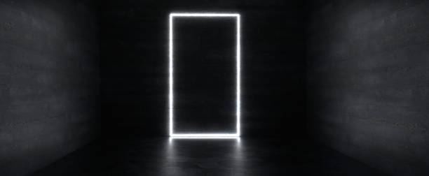 istock Glowing white frame door in dark room background 1501781558