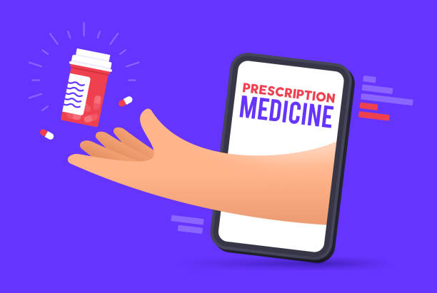 ilustrações, clipart, desenhos animados e ícones de prescrição virtual de medicamentos médicos - cyberspace doctor healthcare and medicine prescription medicine