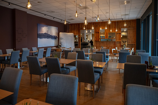 Lindesnes, Norway - April 10 2023: Interior of restaurant at Lindesnes Havhotell.