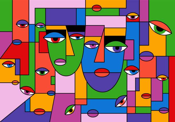 istock Abstract portrait. Two faces, colorful background cubism art style. Texture with women portraits for print, contemporary fashion design 1501789555