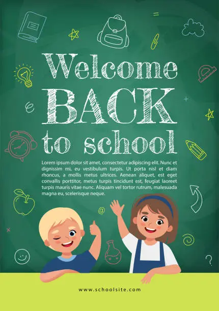 Vector illustration of Back To School Vertical Flyer. Cute Pupils near Chalkboard with doodle illustration. Vector illustration in Cartoon style