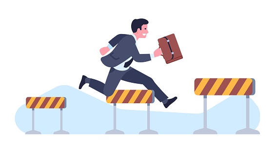 Businessman easily overcomes all difficulties and obstacles. Way to success. Office worker. Male jumping over barrier. Running confident man with briefcase. Efforts to goal achievement. Vector concept