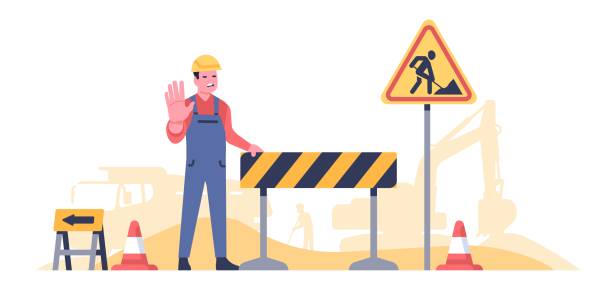 Road worker prohibits passage because street repair work is in progress. Highway renovation. Barrier or roadside digging sign. Roadway engineering. Workman in overalls. Vector concept vector art illustration