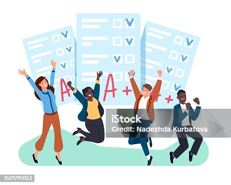 istock Students rejoice at passing school exam test. Examination resalt. People group jumping and laughing with happiness. Education success. Knowledge grade. Paper document pages. Vector concept 1501791052