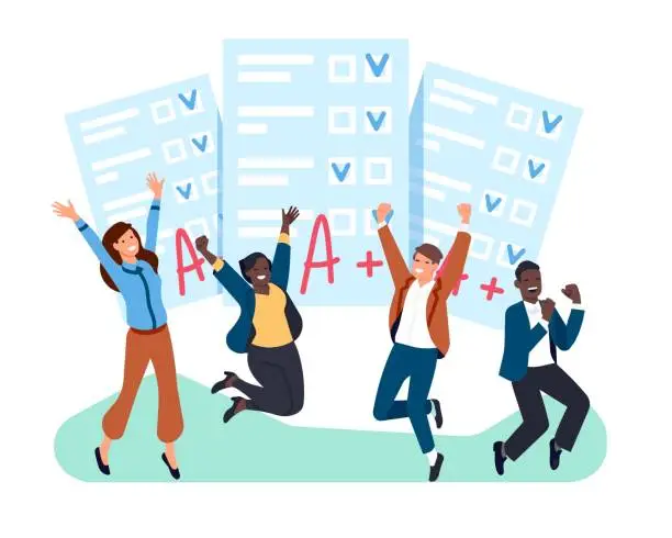 Vector illustration of Students rejoice at passing school exam test. Examination resalt. People group jumping and laughing with happiness. Education success. Knowledge grade. Paper document pages. Vector concept