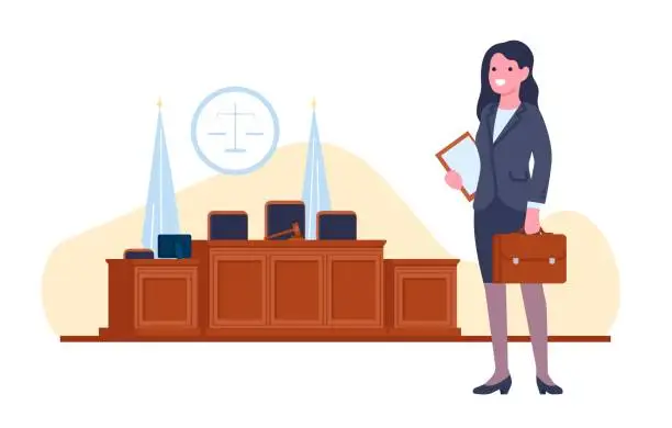 Vector illustration of Woman lawyer with suitcase and documents. Female attorney standing in courtroom. Courthouse room interior. Wooden tribunes and armchairs. Judge secretary in courtroom. Vector concept