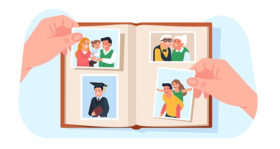 Family photo album. Hands holding memorable photographies. Students graduation snapshot. Parents couple and children portraits. Smiling grandparents picture. Opened scrapbook in arms. Vector concept