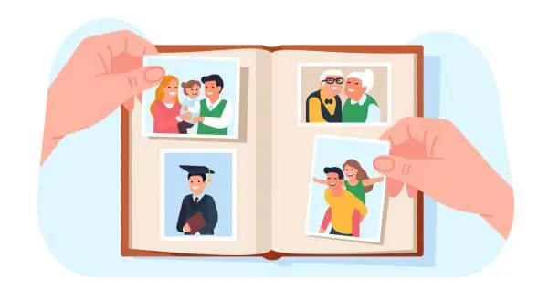 Vector illustration of Family photo album. Hands holding memorable photographies. Students graduation snapshot. Couple and children portraits. Smiling grandparents picture. Scrapbook in arms. Vector concept