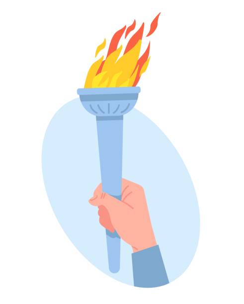 ruční svítilna. symbol osvícení a vzdělání. slavnostní vyhlášení olympijského sportovního turnaje. paže svírající planoucí hůl v pěst. hořící oheň. úspěch a triumf. vektorový koncept - mezinárodní multisportovní akce stock ilustrace
