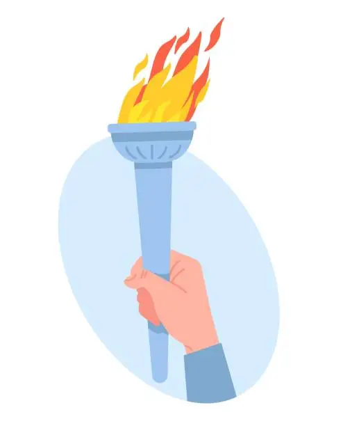 Vector illustration of Hand holding torch. Symbol of enlightenment and education. Olympian sport tournament ceremony. Arm clutching blazing stick in fist. Burning fire. Success and triumph. Vector concept