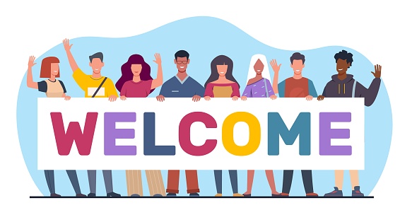 Group of diverse young men wave their hands in welcoming gesture. Happy persons hold greeting banner. Students team together. Invite poster. Cartoon flat style isolated illustration. Vector concept
