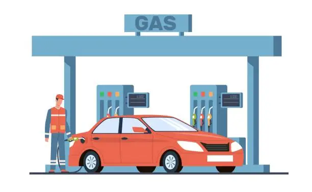 Vector illustration of Gas station attendant pours fuel into car at gas station. Worker refueling automobile, transport service, oil or biofuel auto, petroleum or diesel. Cartoon flat isolated vector concept