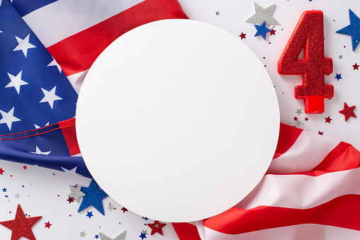 US Independence Day concept. Top view photo of empty circle surrounded by blue, white and red glitter stars, number four and american flag on white isolated background with copy-space