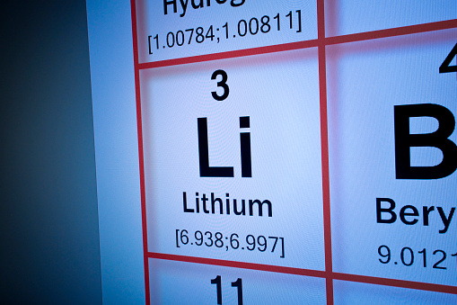 LITHIUM chemical element - Mendeleev periodic table concept with macro photography of PC monitor