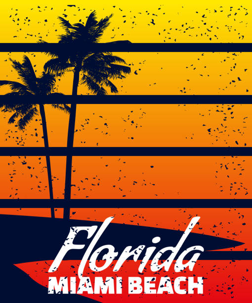 illustrations, cliparts, dessins animés et icônes de affiche retro florida miami beach sunset print. affiche silhouettes de palmiers grunge - letter t tree typescript alphabet