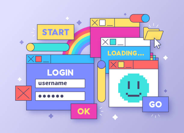 Retro Computer Window Dialog Boxes Design Retro windows dialog box computing design element user interface GUI design with space for your copy. windows folder icon stock illustrations