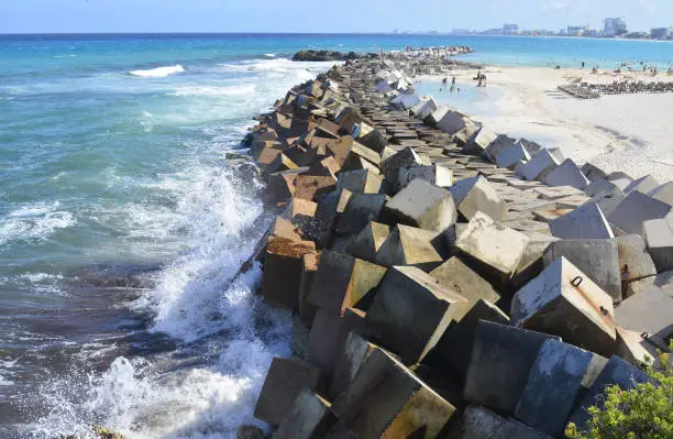 concrete blocks on sea shore
