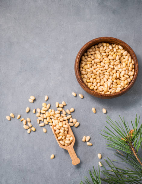 istock Pine nuts in a bowl  and a scattered on a blue background with branches of pine needles. The concept of a natural, organic and healthy superfood and snack. 1501835896