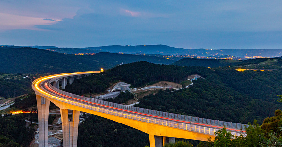 Illuminated viaduct Crni Kal bridge in Slovenia