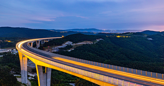 Illuminated viaduct Crni Kal bridge in Slovenia