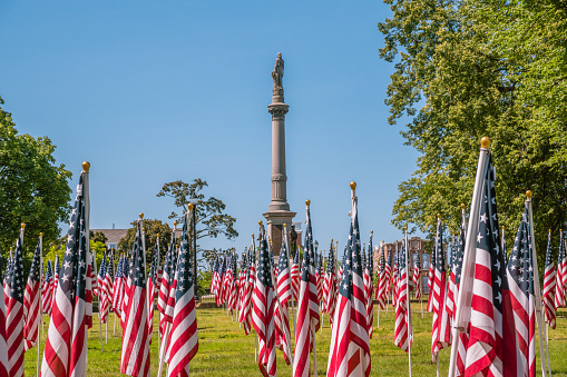 777 American flags in Campagnone Common across from City Hall commemorating service members killed in action from Lawrence.