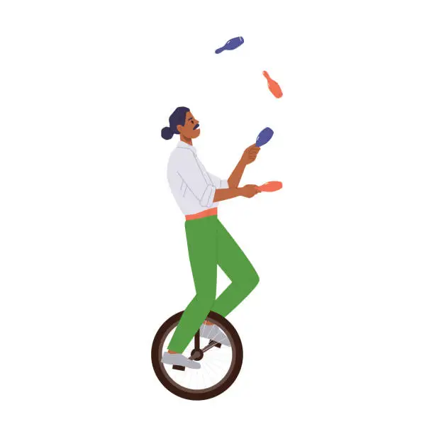 Vector illustration of Man circus artist dressed in stage costume juggling with skittles show trick performance on unicycle