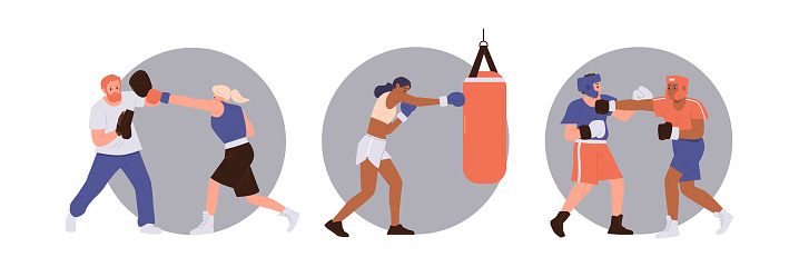 Set of round composition with boxing people character. Vector illustration of sportive man and woman boxer, trainer instructor and sparring partner fighting, training and preparing for competition