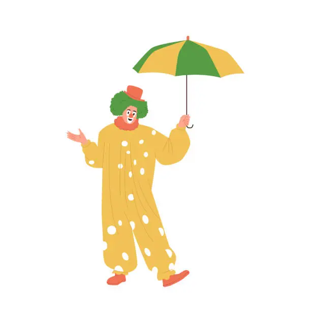 Vector illustration of Funny clown in cute stage costume standing under umbrella, circus show entertainer character