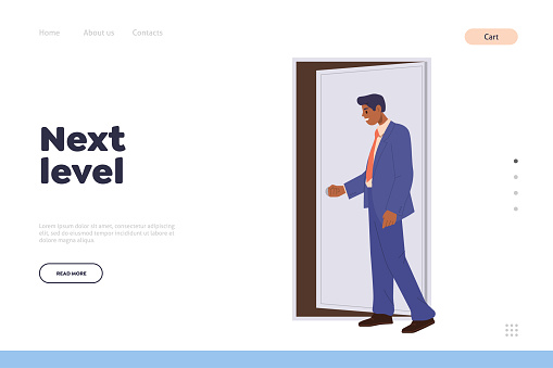 Next level concept for business landing page. Pensive businessman character standing front of opened door to new job opportunities or career growth vector illustration. Website welcome to success
