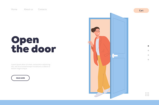 Open door landing page design template. Cartoon curious woman character come in through free doorway looking for new opportunity vector illustration. Website for coaching and training online service