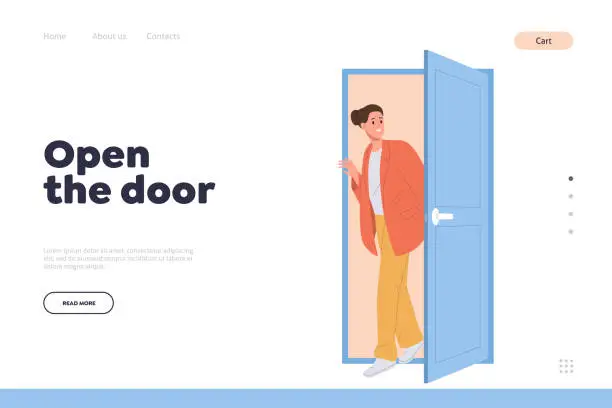 Vector illustration of Open door landing page design template with curious woman character come in through free doorway