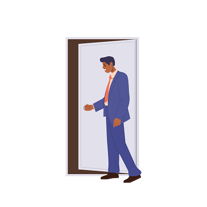 Businessman entering opened door of company office room vector illustration isolated on white background. Business character searching for new experience, job opportunity and success achievement