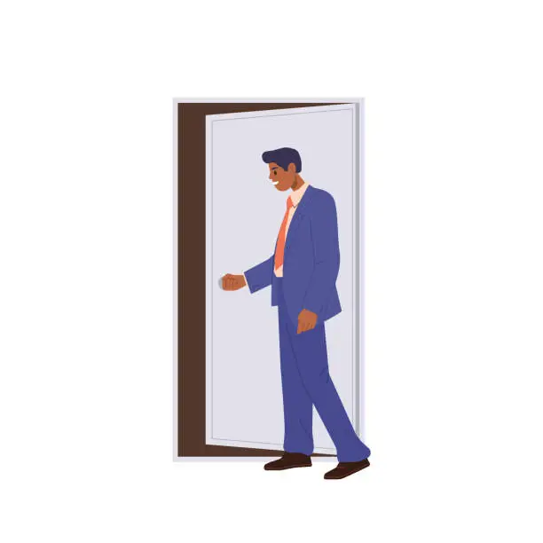 Vector illustration of Businessman entering opened door of company office room vector illustration isolated on white
