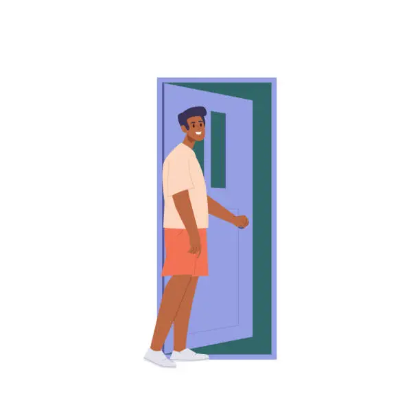 Vector illustration of Young happy smiling man character standing at opened door holding doorknob vector illustration