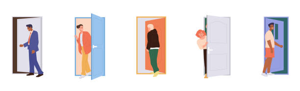 Set of people cartoon character and opened doors, employee, job seeker or businessman entering Set of people cartoon character and opened doors. Male female employee, job seeker, vacancy candidate, freelance worker or businessman entering doorway vector illustration isolated on white background cartoon of a searching stock illustrations