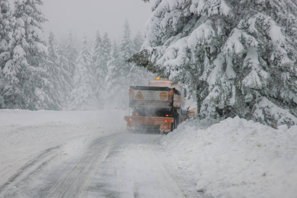 istock Pick up truck plowing road during snow storm 1501861692