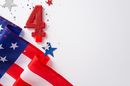 The fourth of july celebration concept. Above view photo of glitter number four surrounded by red, white and blue confetti stars and american flag on white isolated background with copy-space