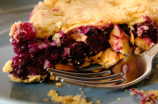 A slice of homemade blueberry pie close up with fork.